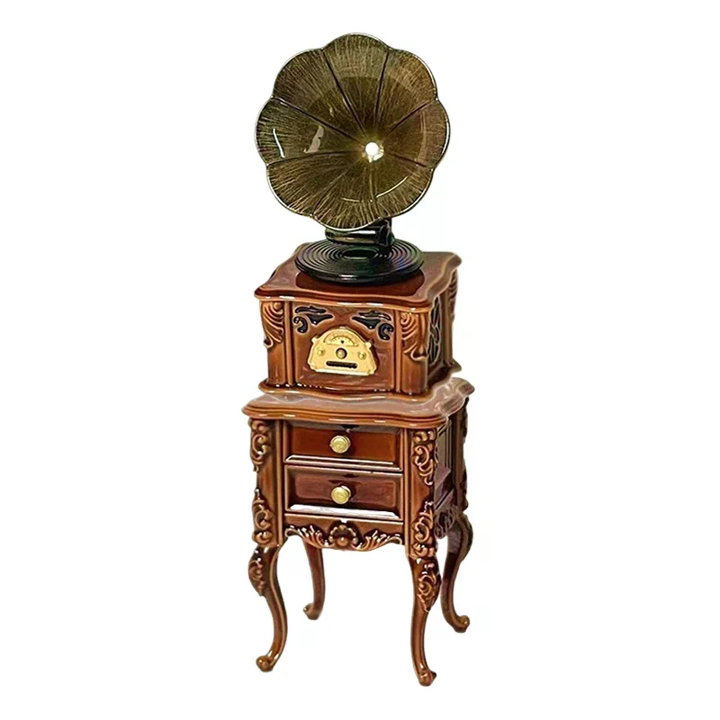 2Pcs/set 1:12 Dollhouse Miniature Retro Mini Phonograph Cabinet Set Can Play Songs Doll Home Living Room Furniture Decor Toy