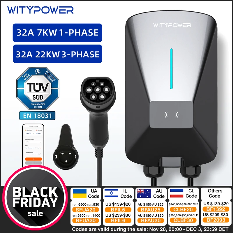 WityPower 22KW 3Phase EV محطة شحن Type2 APP التحكم 7KW 32A 1Phase شاحن السيارة الكهربائية لسيارات EVSE