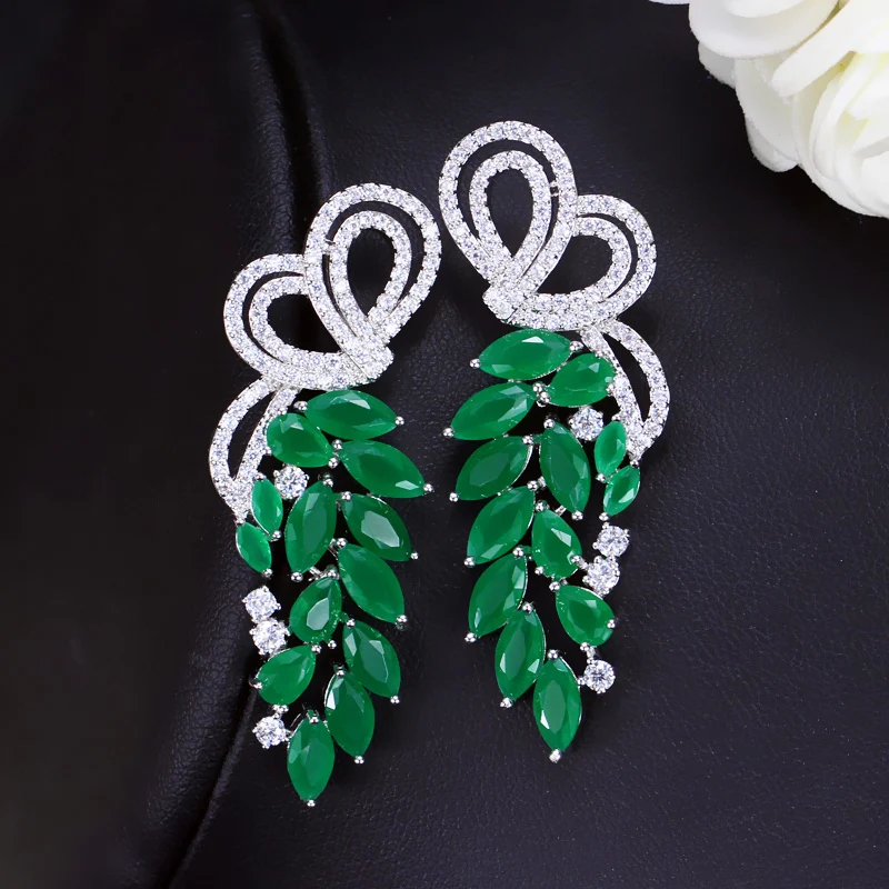 ThreeGraces New Fashion Green Cubic Zirconia Stone Silver Color Long Leaf Drop Earrings for Women Trendy Party Jewelry E1876