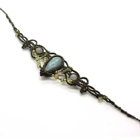 Braided Macrame Labradorite Crystal Stone Pendant Necklace for Women Natural Spectrolite Handmade Thread Wrapped Weave Chain