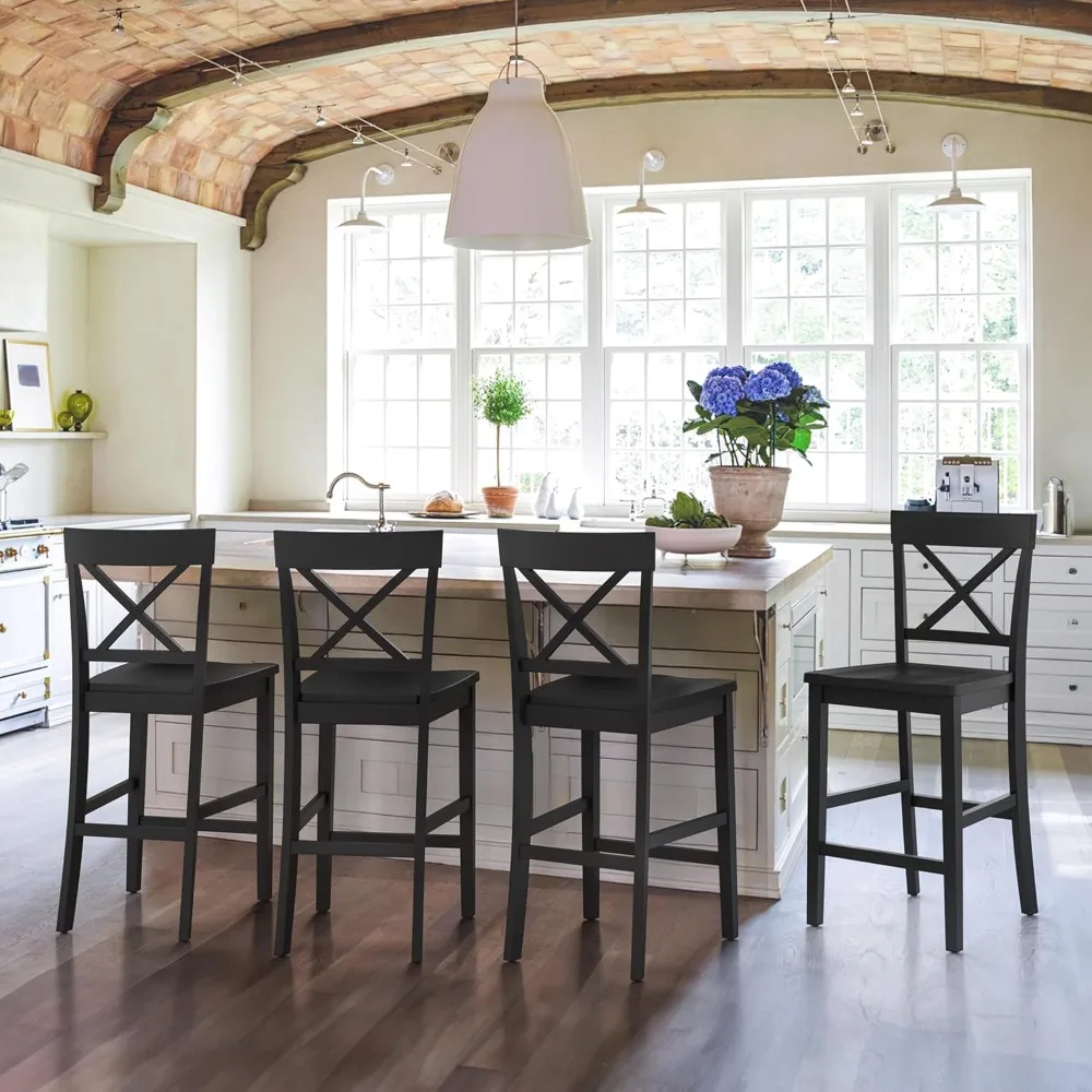 مجموعة مقاعد بار بارتفاع عداد مكونة من 4 قطع، مقاعد خشبية 24 ساعة مع مسند للظهر والقدمين، مقاعد للبار للمزرعة على شكل حرف X للمطبخ