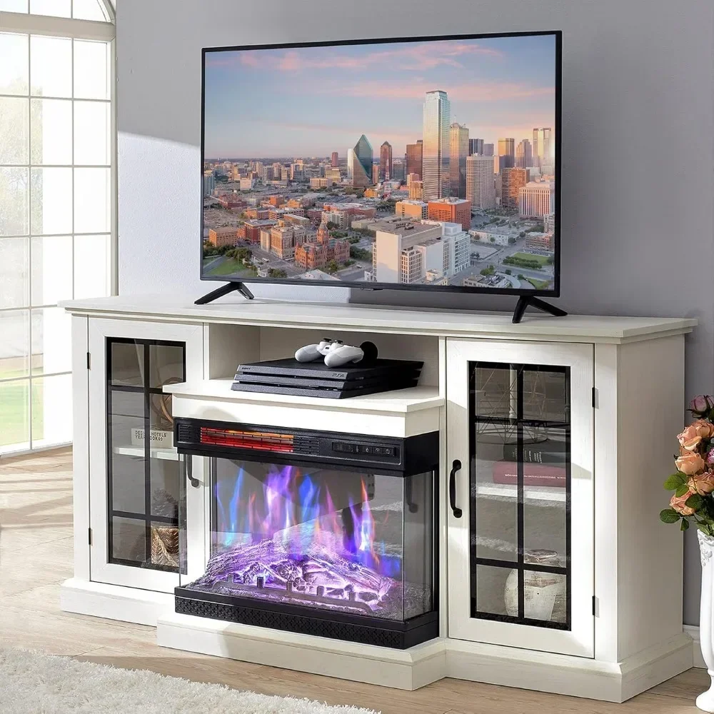 3-sided glass fireplace TV cabinet for TVs up to 65 inches, 12 colors, media center console table with door enclosed storage