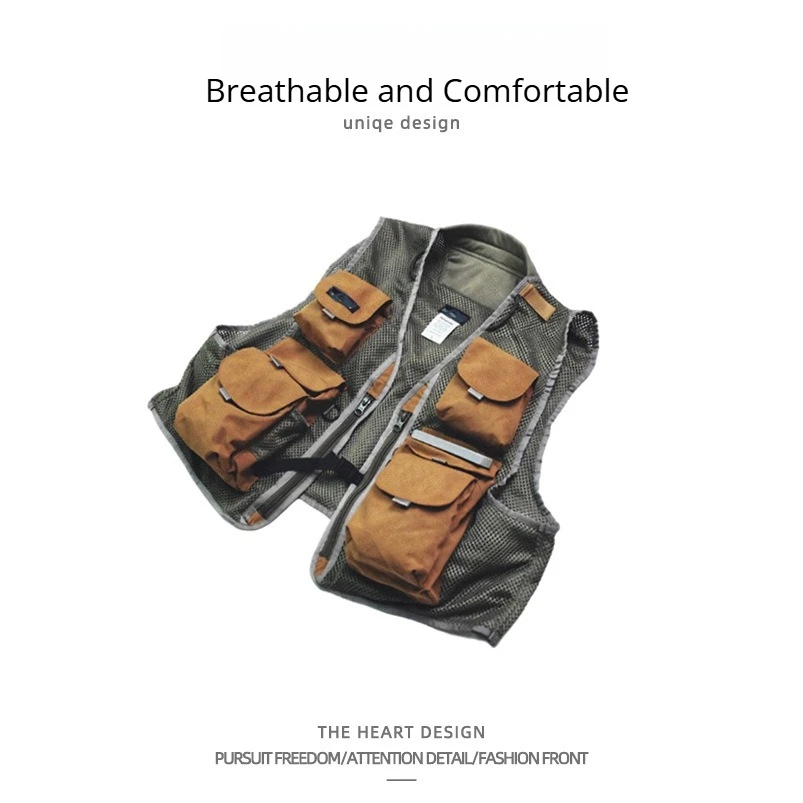

Vintage Functional Workwear Fishing Vest, Breathable Mesh Spliced Vest, Multi Pockets Outdoor Hiking Camping Casual Waistcoat