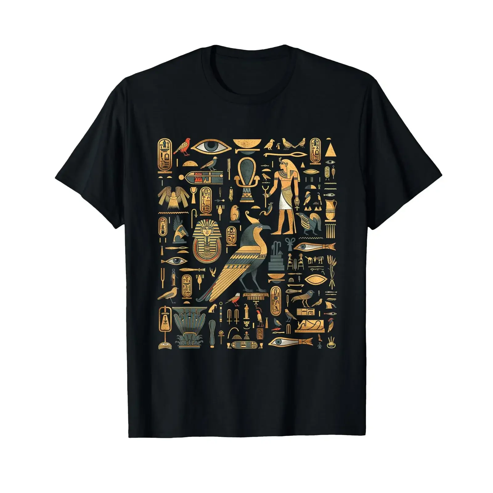 hieroglyphs illustration egypt pyramids pharaoh egyptian T Shirt vintage Washed fashion Breathable streetwear Casual graphic