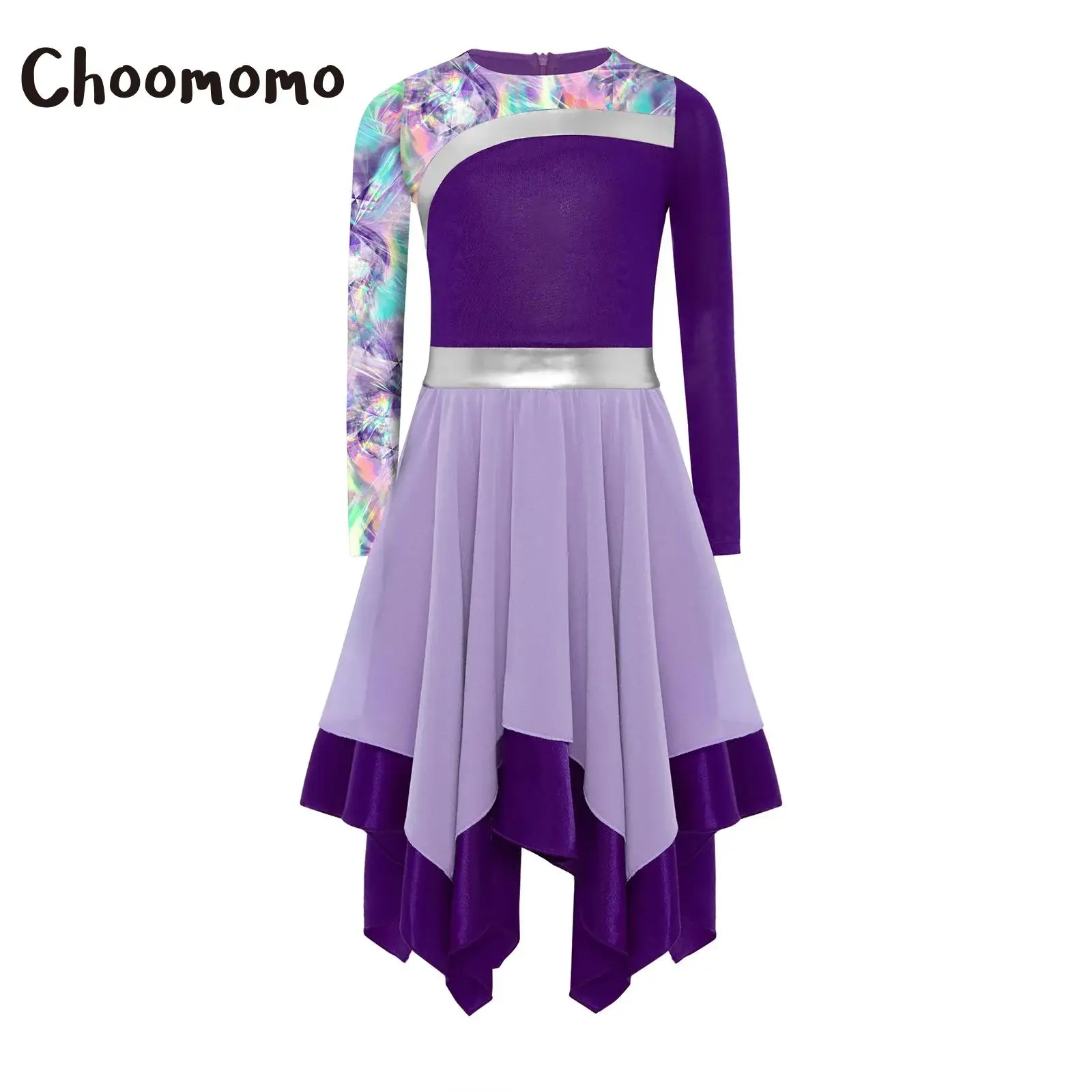

Girls Long Sleeve Metallic Printed Liturgical Praise Dance Dress Worship Church Choir Performance Costume Ballet Lyrical Dresses
