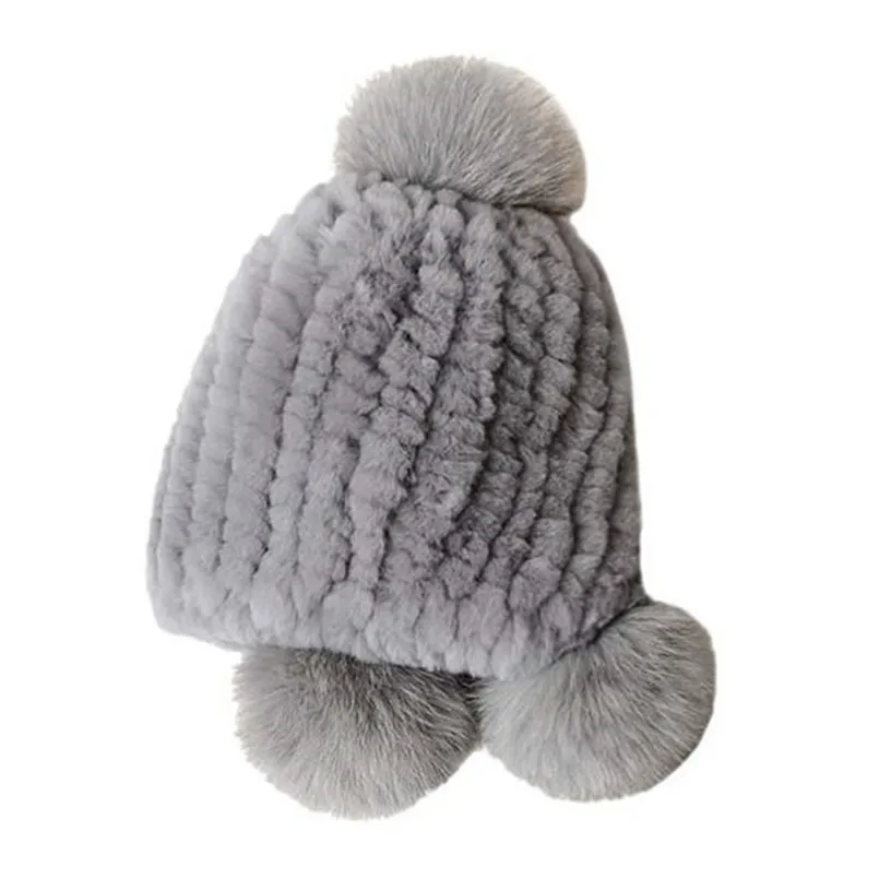 Russian Winter Child Boy & Girls Knitted Cap Warm Soft Fur Beanie with Earflap Real Rex Rabbit Fur Beanie Hat