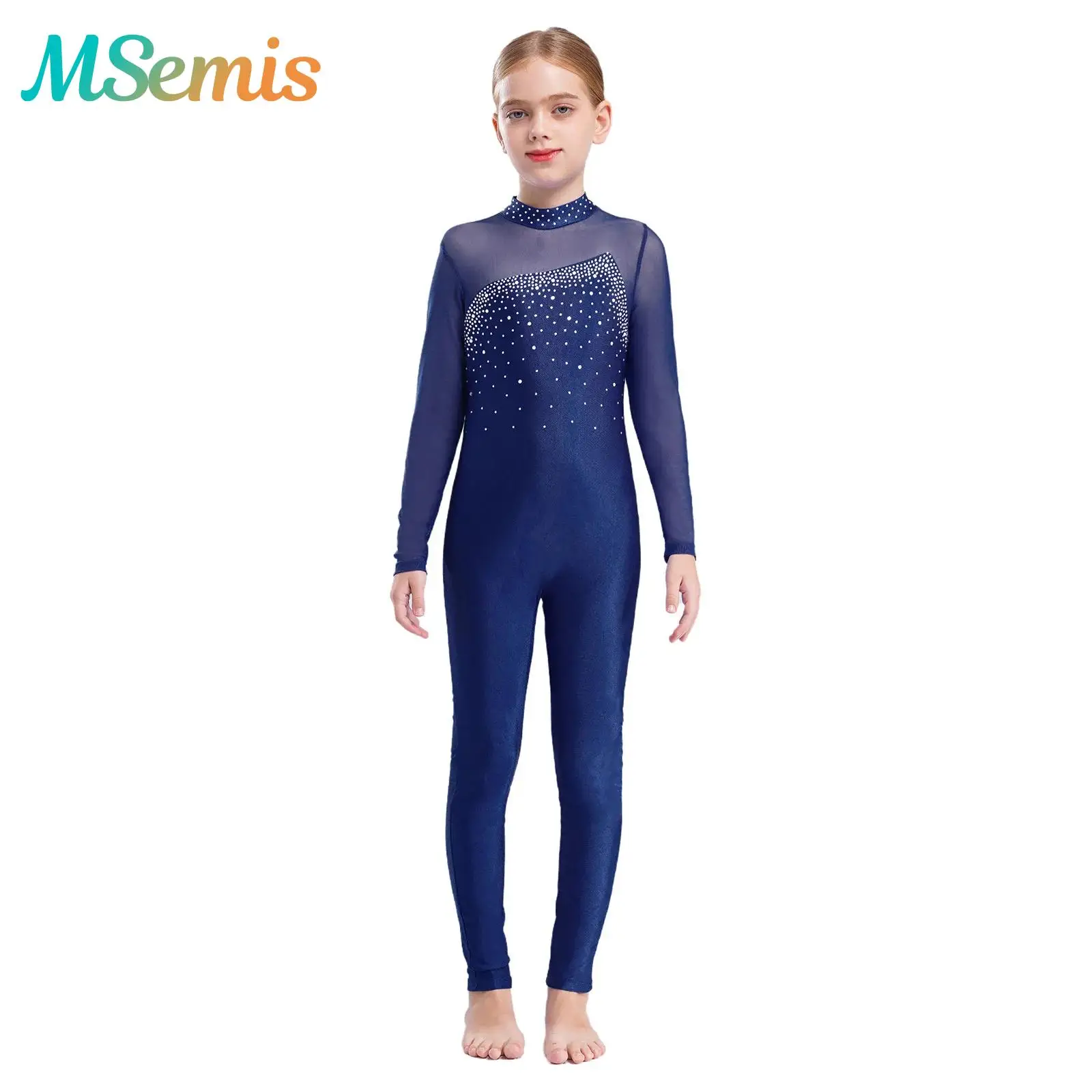 ชุดลีโอตาร์ดเด็กผู้หญิง ประดับคริสตัลวิบวับ สำหรับยิมนาสติก ฟิกเกอร์สเก็ต บัลเลต์ เต้นรำ ชุดจั๊มสูทแขนยาว สำหรับการแสดง