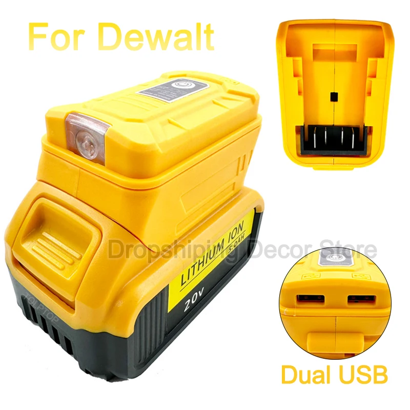 Portable Battery Adapter For Dewalt 18V 20V Li-ion Battery With LED Light Dual USB Output Ports Power Bank Charging for Phone