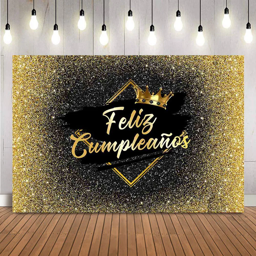 

Feliz Cumpleaños Birthday Backdrop Gold Glitter Shining Dots Photo Booth Background Royal Crown Birthday Party Decoration Banner