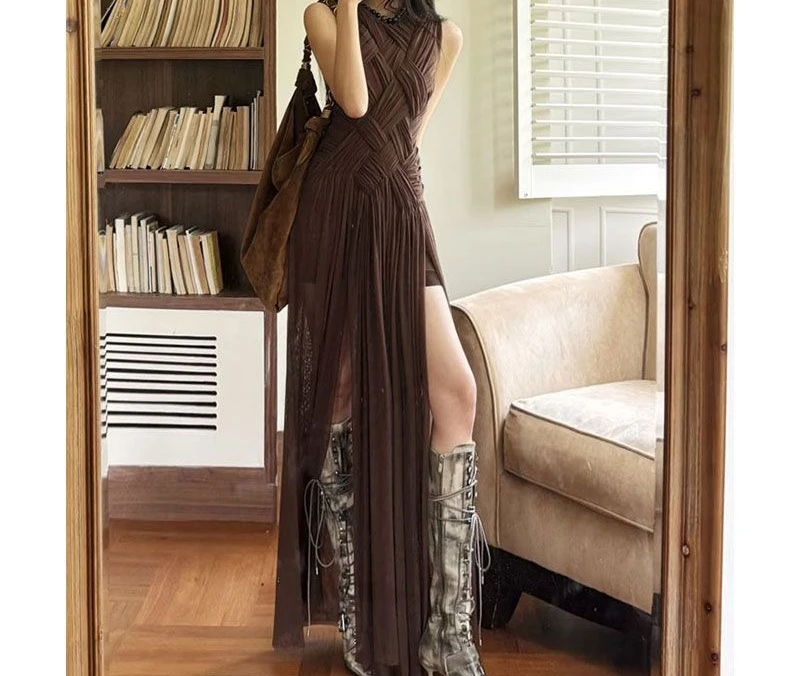 

2026 Vintage Sleeveless Woven Design Slit Long Skirt Women's Dress Vest Skirt