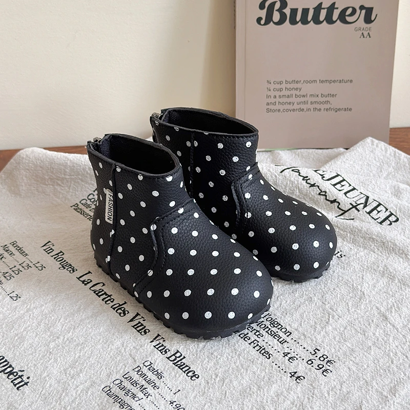 Toddler Girls PU Leather Boots with Polka Dot 2026 New Winter Kids Thermal Ankle Boots Non-slip Trendy Princess School Party