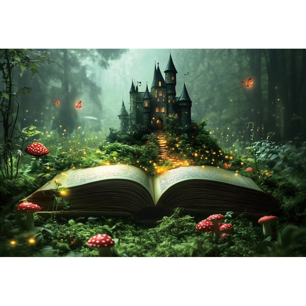 Dreamy ฤดูใบไม้ผลิการถ่ายภาพฉากหลัง Fairy Tale สีเขียวป่าปราสาทหนังสือผีเสื้อเห็ด Party Decor Portrait Photo Props