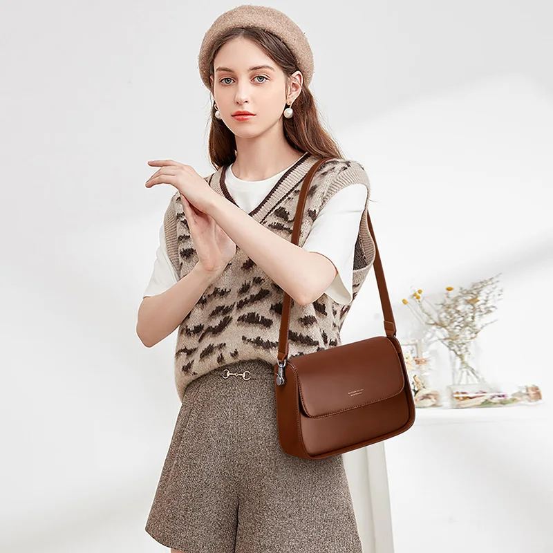 Women\'s Bag Female Elegant Saddle Shoulder Bag 2024 New Fashion Textured Niche Design Cowhide Split Leather Crossbody Messenger