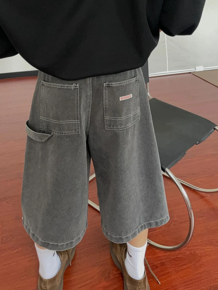 

Ретро-джинсы в американском стиле с широкими штанинами, женские летние новые свободные повседневные шорты до колена, джинсовые шорты с высокой талией