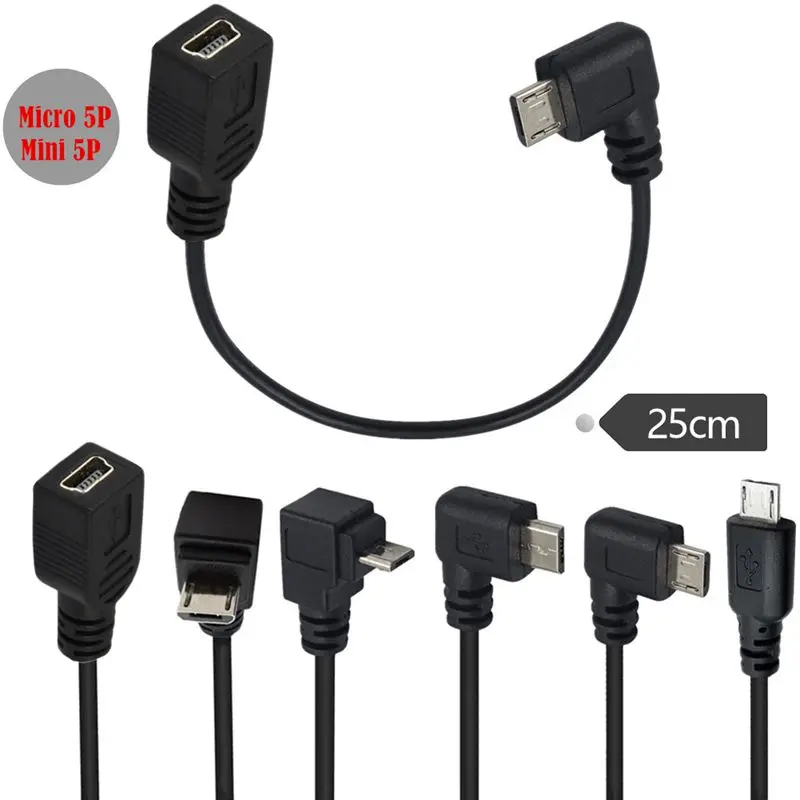 25cm Micro USB Male 90 ° Bend UP, Down, Left, and Right to Mini 5-Pin Female V3 to V8 Android to MP3 OTG USB Data Cable