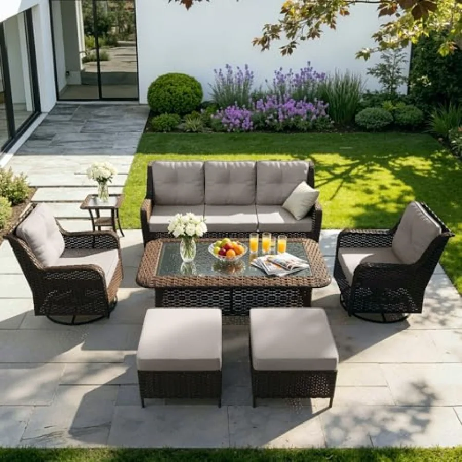 

7 Pieces Patio Furniture Set: All-Weather Wicker, Beige, UV-Resistant Fade-Proof for Porch, Deck, and Outdoor Living Spaces