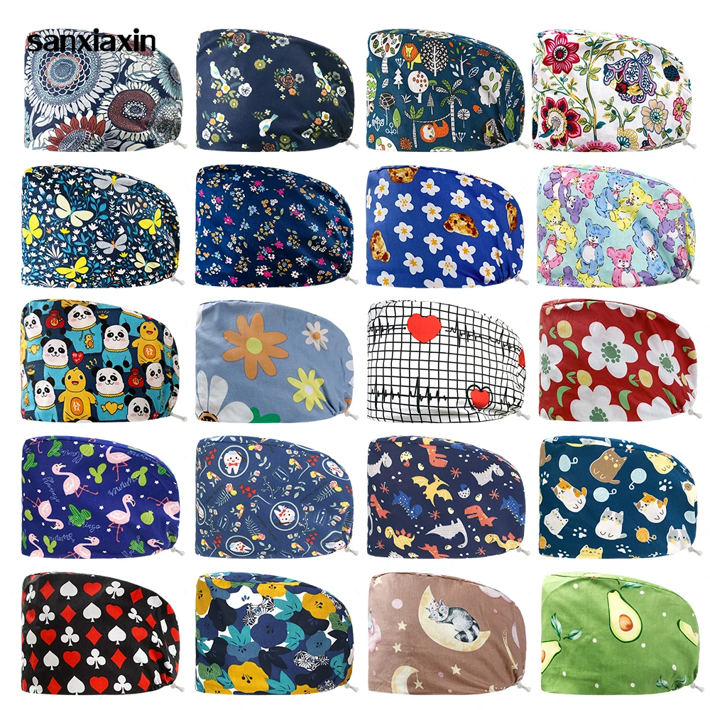 Hospital Surgical Cap With Button Adorable Print High-quality Scrub Hat Breathable Pure Cotton Vet Nurse Dustproof Work Head Cap