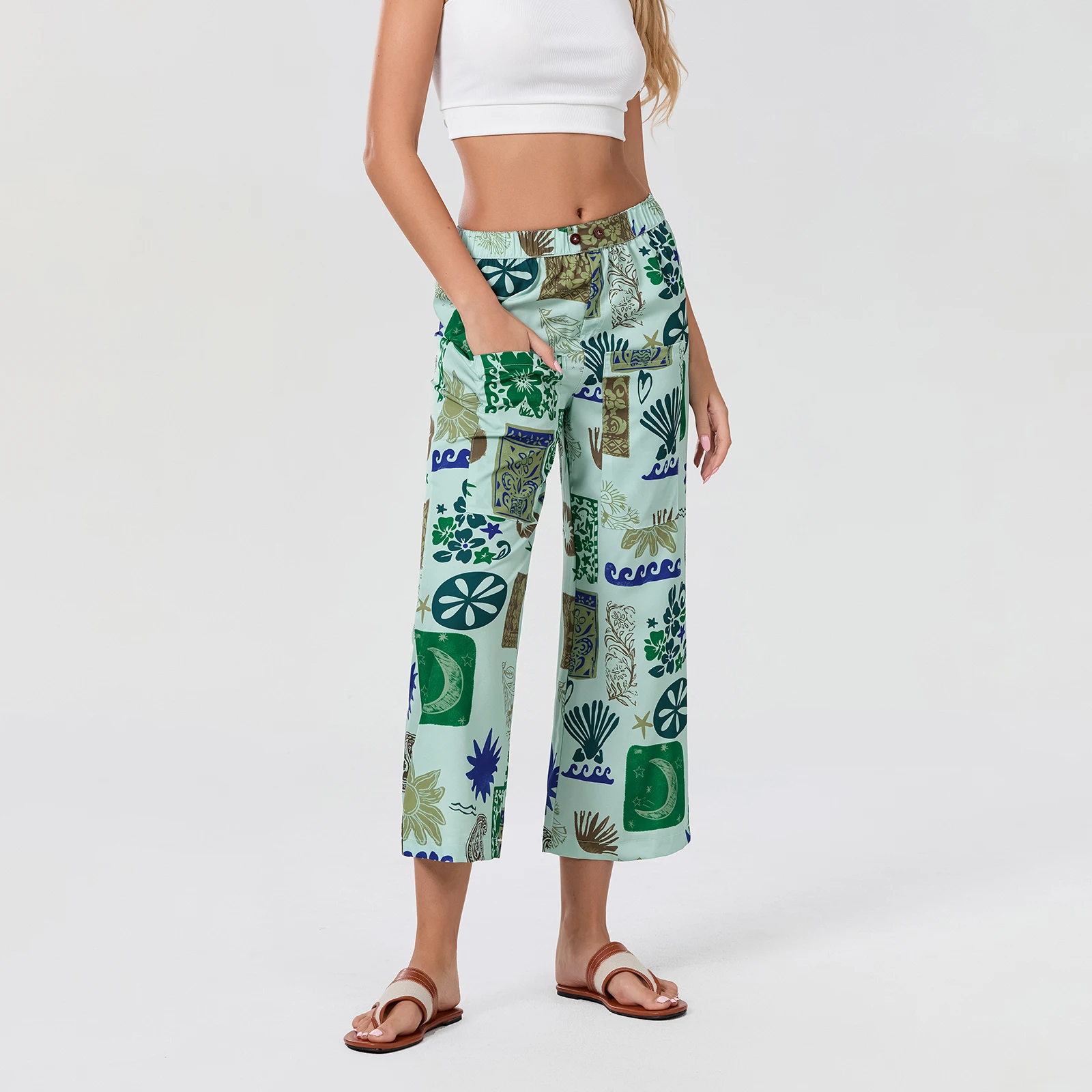 Pantalon à jambes larges imprimé vintage pour femmes, bande élastique adt, longueur mollet, fjStreetwear pour bas décontractés 03/Lounge