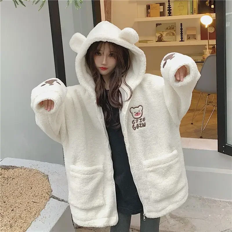 Lamb Wool Women Y2k Sweatshirts Kawaii Korean Zipper Coats Fleece Thick Oversize Bear Ear Print Hooded Preppy Style Harajuku