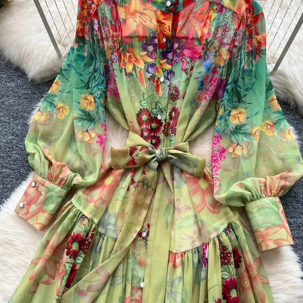 Grande robe trapèze imprimée pour femmes, manches lanternes, col montant, simple boutonnage, Design à lacets, robes longues Vintage, printemps 2025
