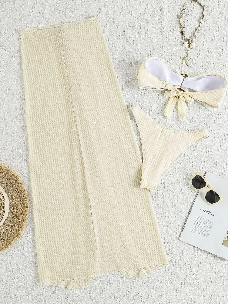 Gonna lunga vintage da donna Costume da bagno 3 pezzi Bikini a fascia Vita alta Push Up in metallo pieghettato 2025 Nuovi abiti da spiaggia costume da bagno donna