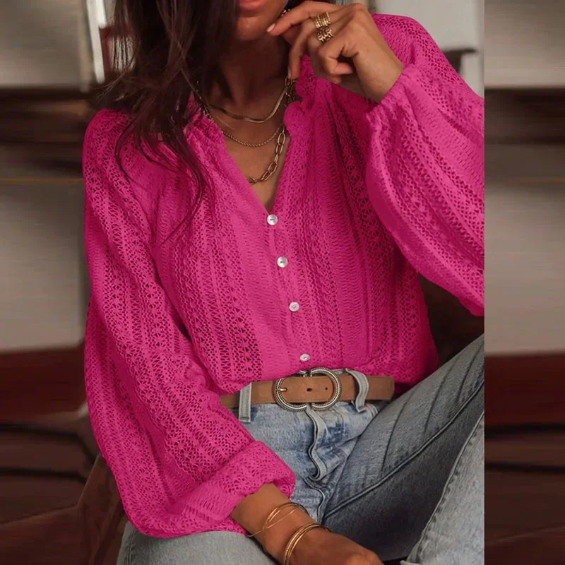 

Осенняя женская сексуальная кружевная блузка с v-образным вырезом и вышивкой, весенняя однобортная ажурная рубашка с длинным рукавом, вязаные крючком жаккардовые топы Blusas