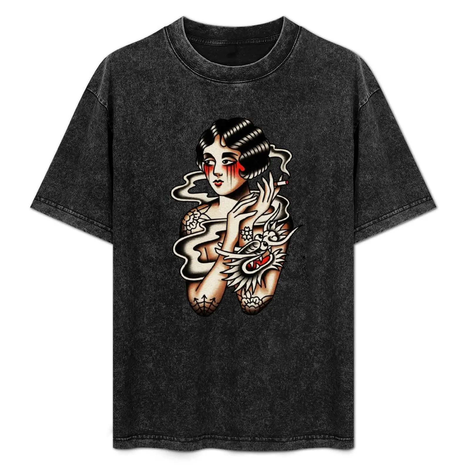 Traditional Beautiful Flapper with grey dragon smoke Tattoo T-Shirt Essential Solid Color T-Shirt