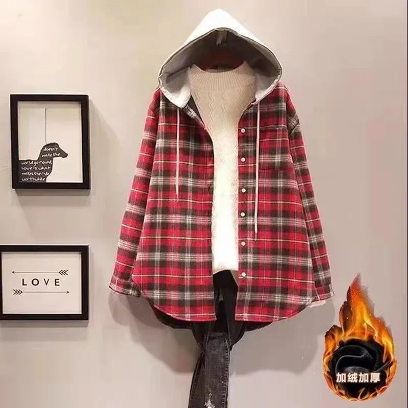 Hooded Plaid Shirt Female Mid-length Style Buffing Korean Version Western Style Fallow All-match Loose Coat Spring and Autumn