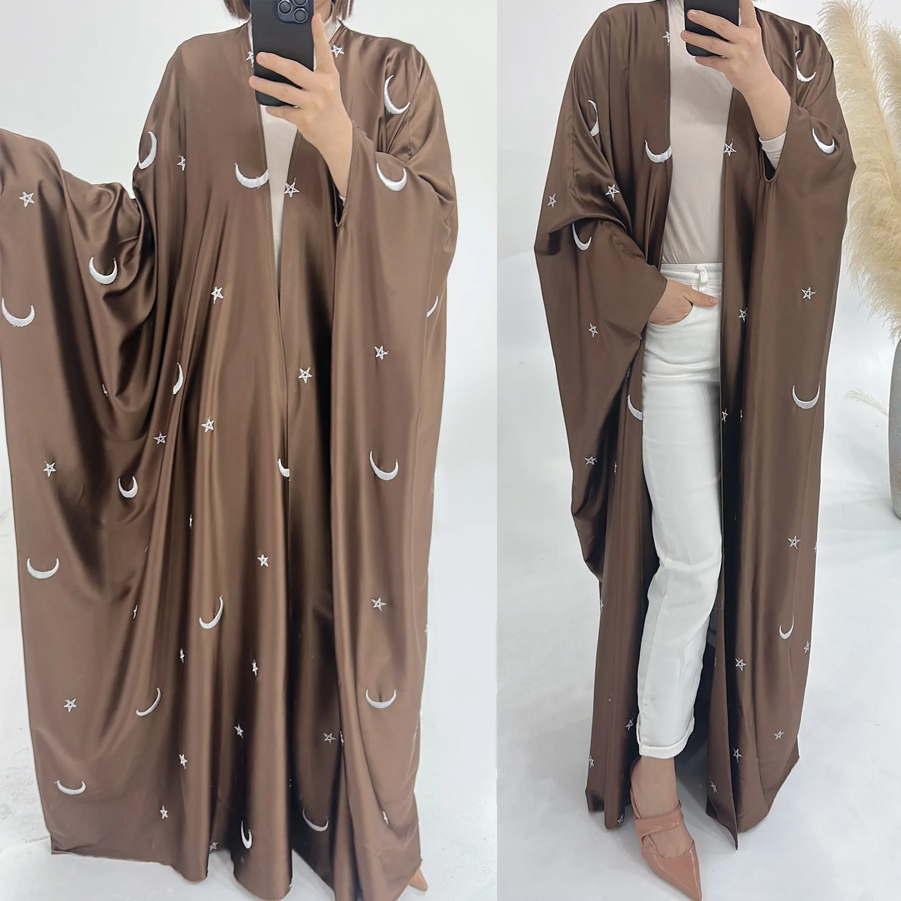 

Moon Embroidery Abaya Thin Fabric Batwing Sleeves Oversized Kimono Muslim Women Dubai Islamic Clothing Hijabi Robe Ramadan Eid