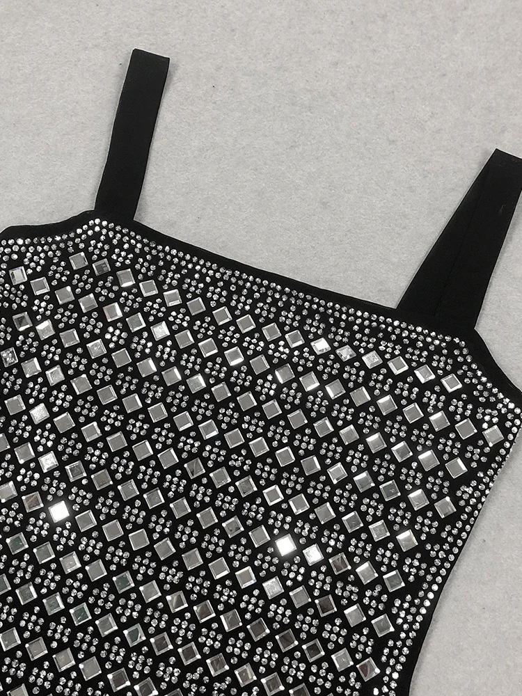 Sexy Träger, quadratischer Kragen, glänzende Diamanten, Verbandkleid für Damen, schwarz, ärmellos, rückenfrei, Kristall, figurbetonte Kleider, Abendclub