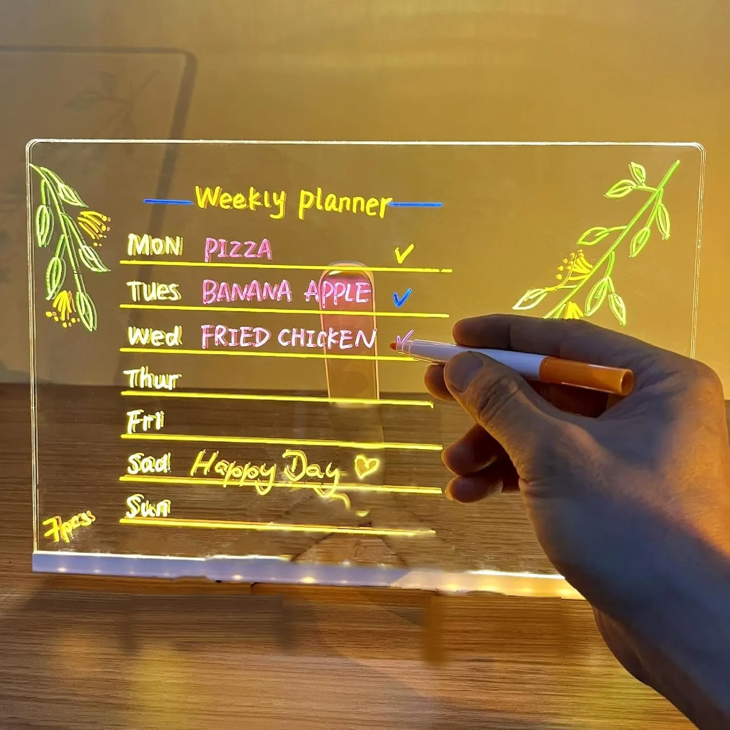 Placa de nota led luz noturna com 7 cores caneta iluminada placa de desenho acrílico brilhante placa marcador de mensagem para escritório escola casa