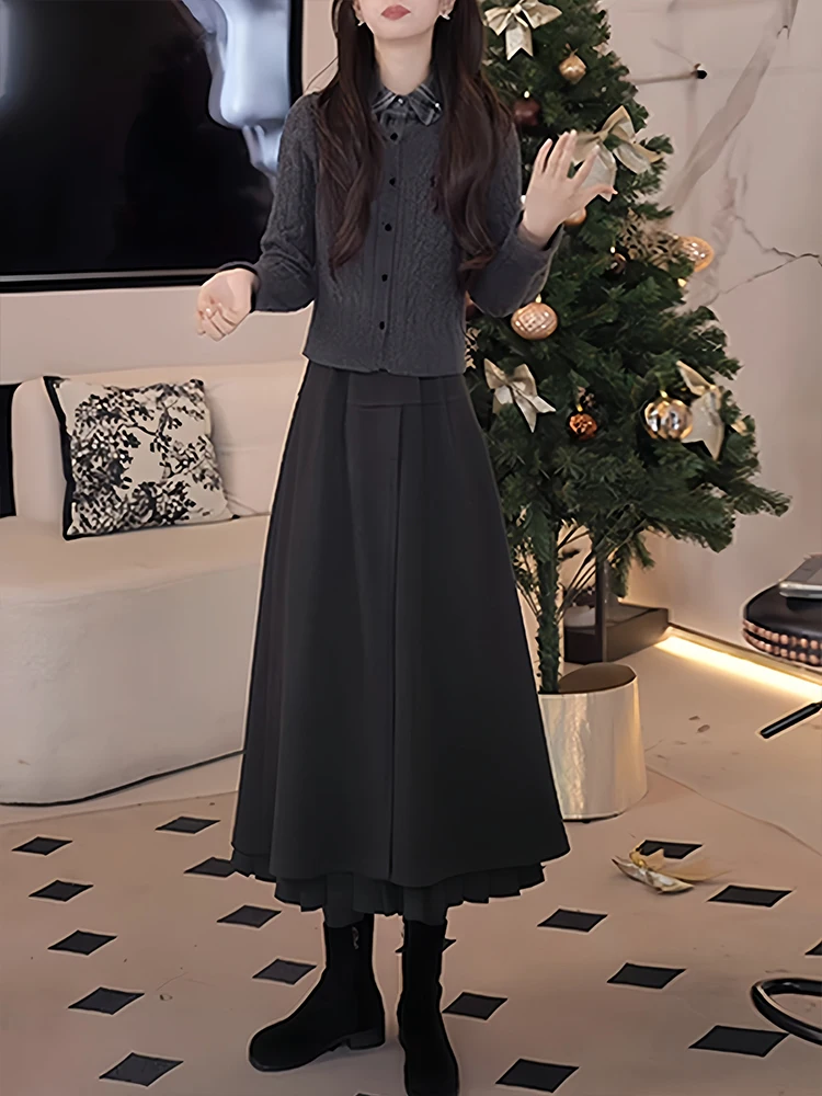 

ay Collared Knitted Top And Bla Skirt Casual Two Piece Women's Winter Faion Set Breathable Medium Thin