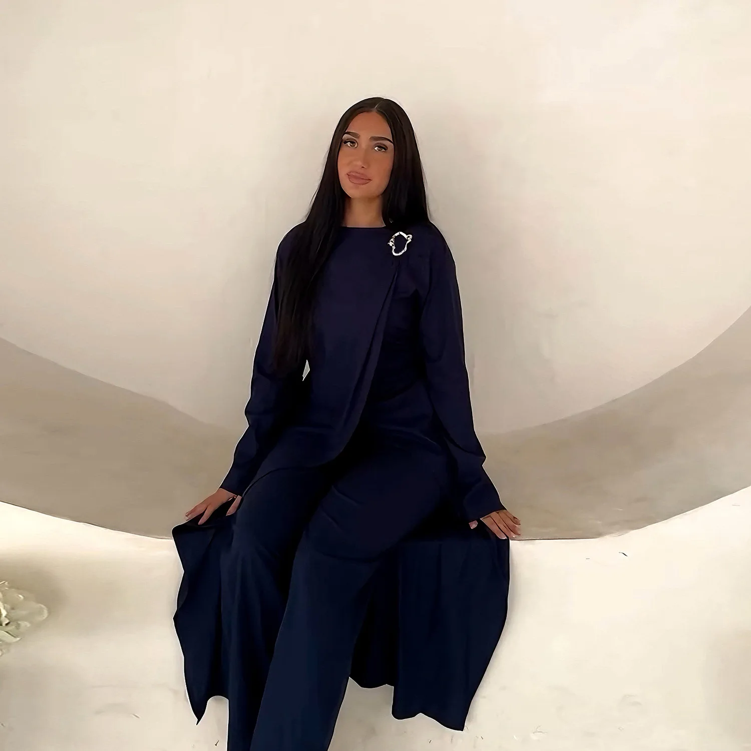 

Мусульманские комплекты Женский комплект из 2 предметов Сплит-топ Длинная рубашка Широкие брюки Рамадан Арабский длинный халат Марокко Мусульманские ансамбли Ид