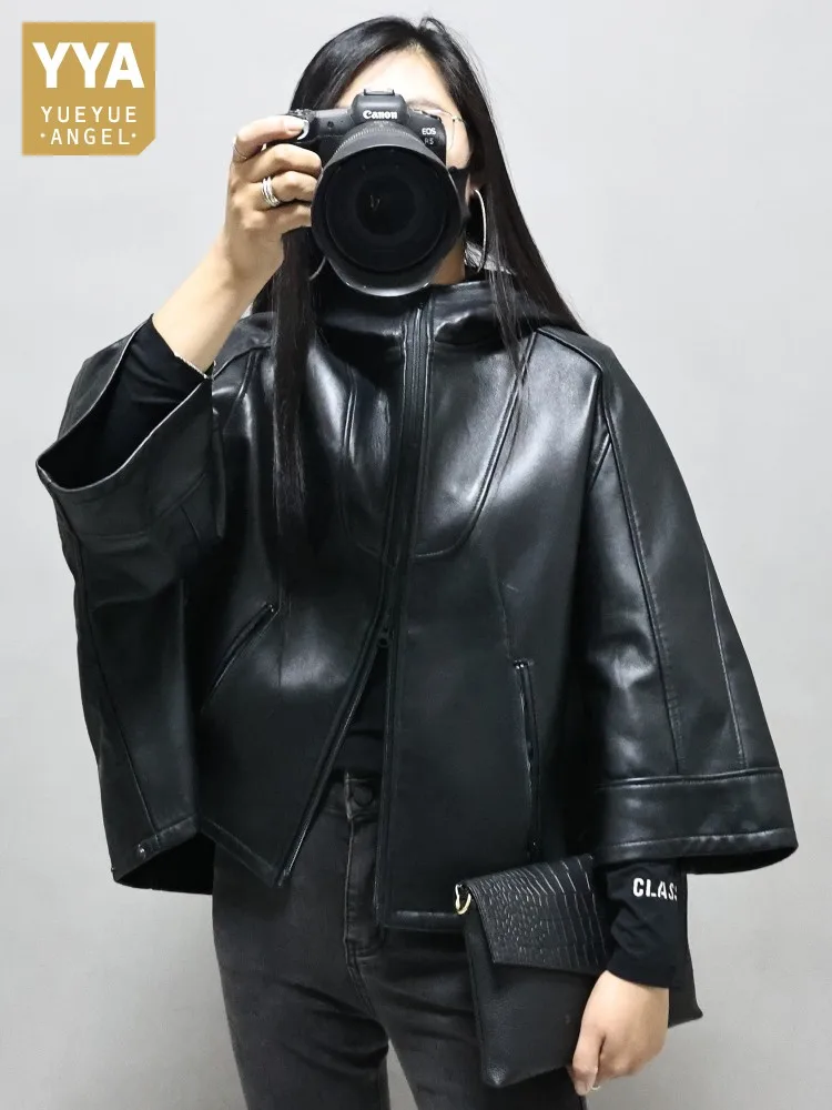 Natural Sheepskin Cape Short Coat Women Loose Fit Batwing Sleeve Casual Genuine Leather Hooded Jacket Female Black Outerwear New