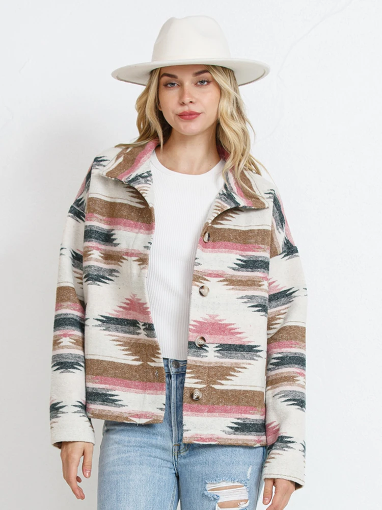 2023 Winter Aztec Shacket Women\'s Jacket Loose Vintage Boho Single-breasted Cotton Jackets For Women Casual Wool Printed Jacket