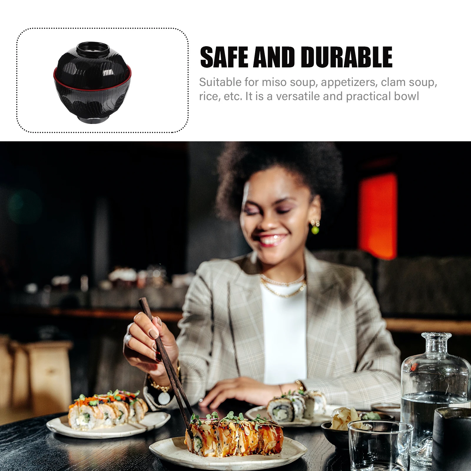 

Japanese Miso Soup Bowls with Lid Melamine Material Restaurant Grade Small Handle Design Serving Bowls Japanese Style