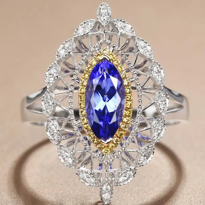 

Ladies Hollow out Double Color Gemstone Ring Simulated Tanzanite Eye Design Fashionable Jewelry Accessory R7549