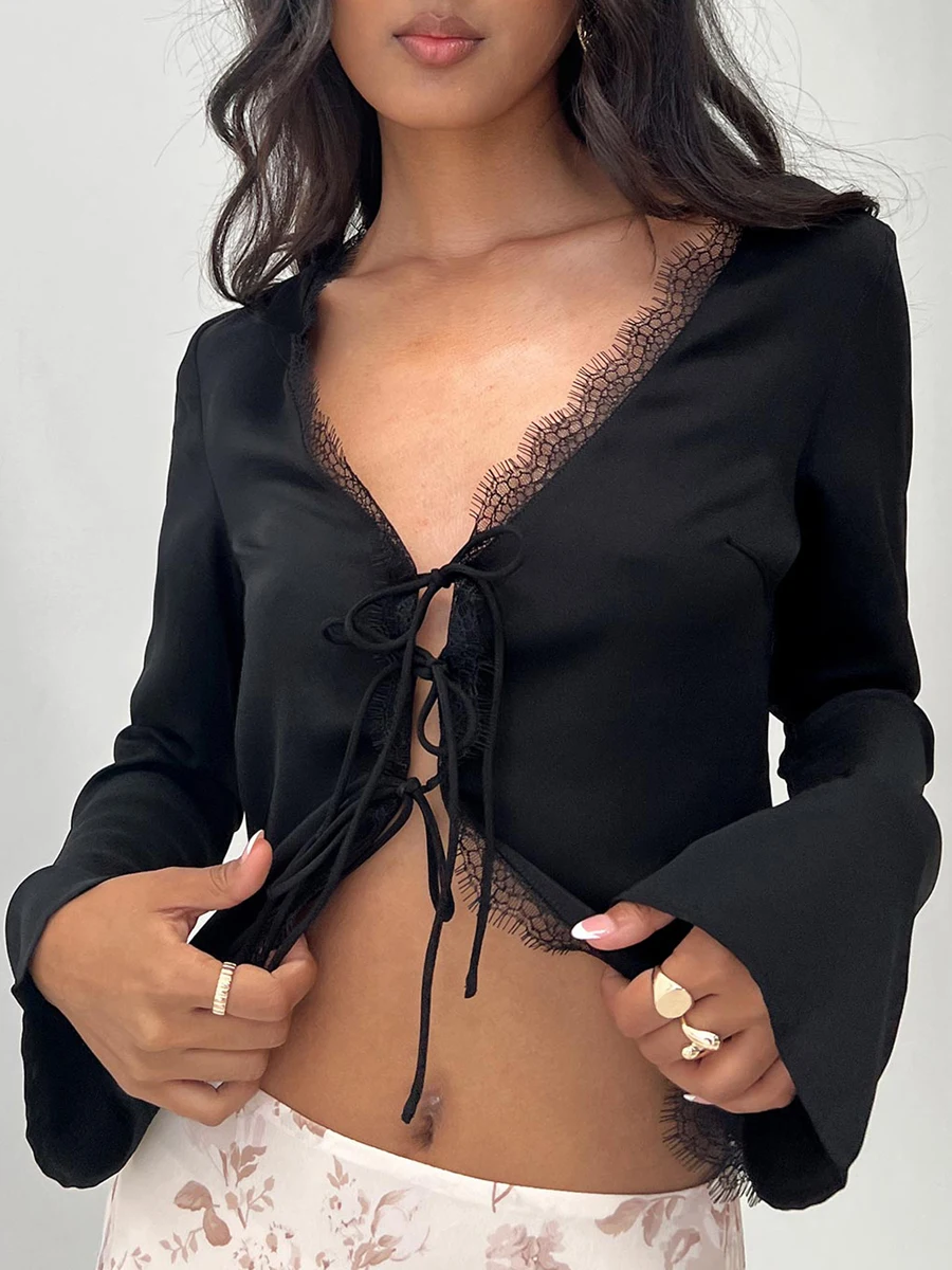 

Combhasaki Women Crop Long Sleeve Tops Lace Eyelash Trim Tie Front Shirt Casual Cardigan for Club Streetwear Aesthetic Clothes