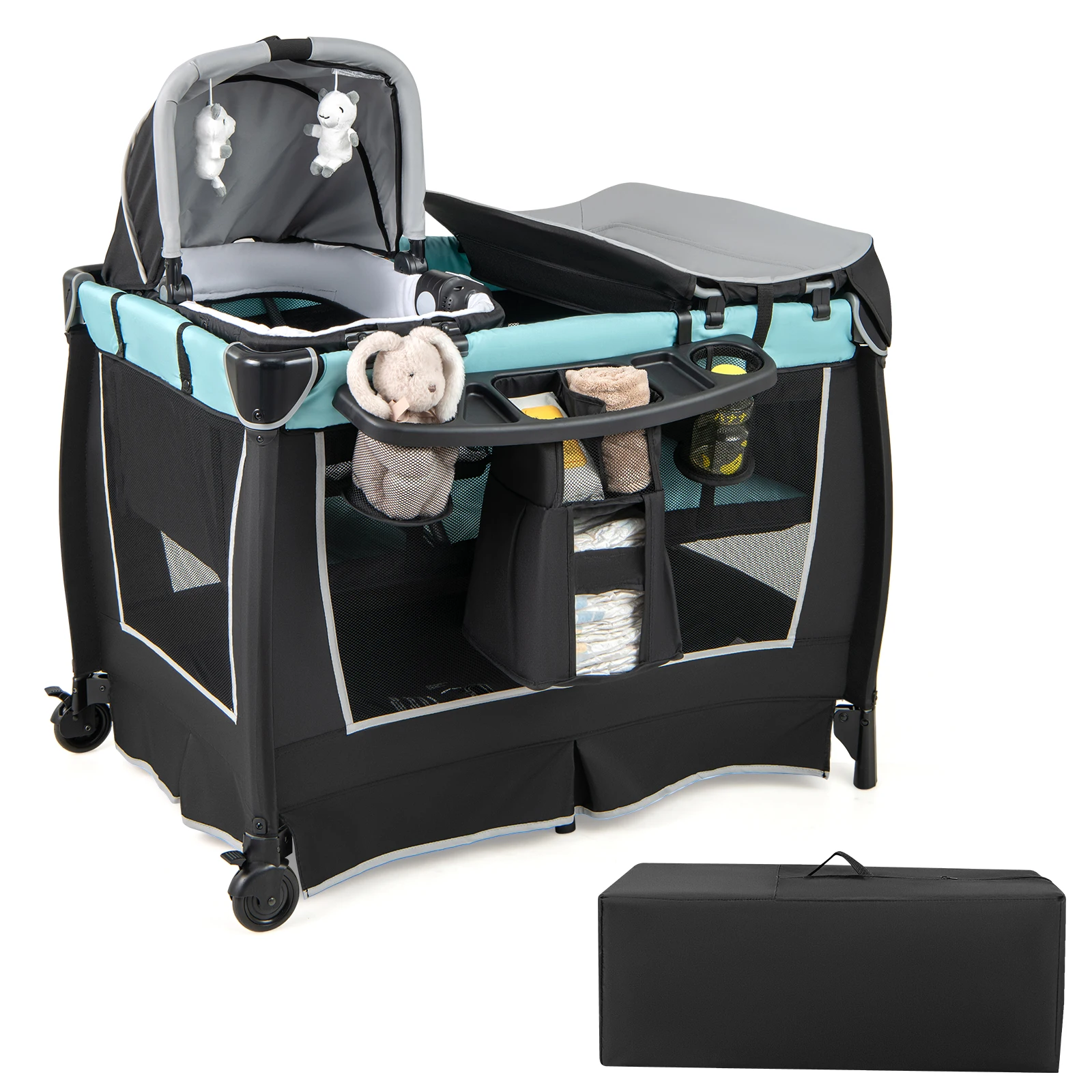 Cuna de viaje 6 en 1 con colchón, cuna móvil para bebé con dosel ajustable, cuna plegable con cambiador, caja de música