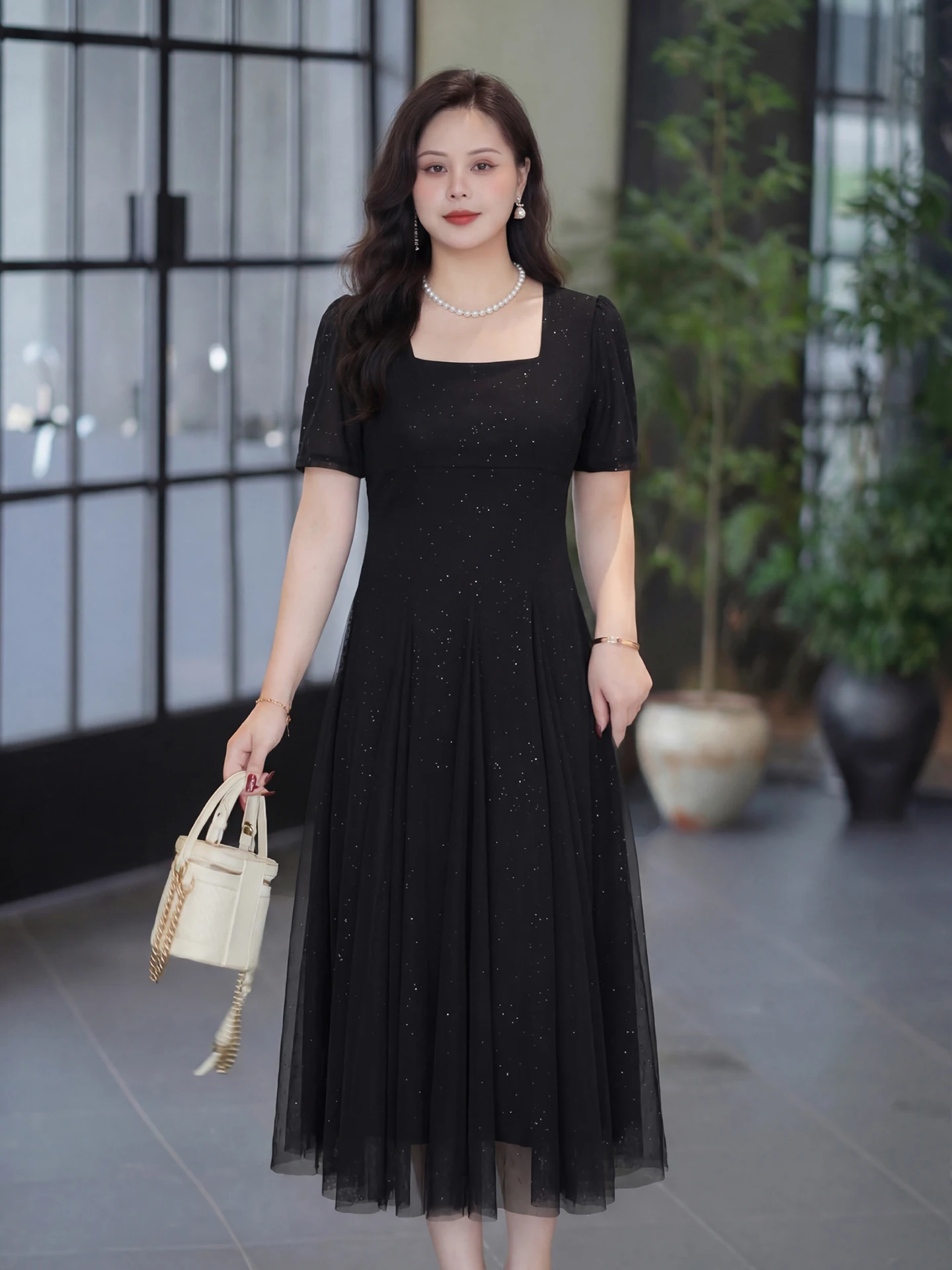 

Элегантное платье больших размеров с квадратным вырезом, скрывающее недостатки фигуры, летнее нарядное платье для важных мероприятий, женская мода больших размеров