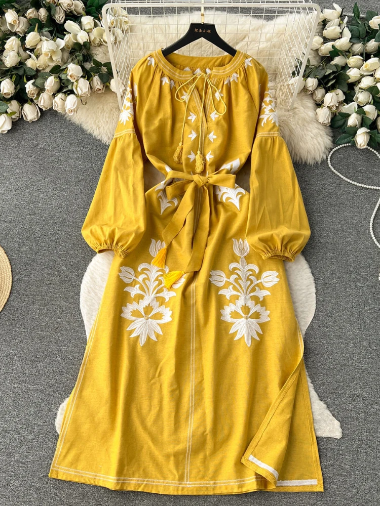 

Women Elegant Vintage Floral Loose Slit Dress Autumn Round Neck Lantern Sleeve Tie Party Vacation Dresses Vestidos