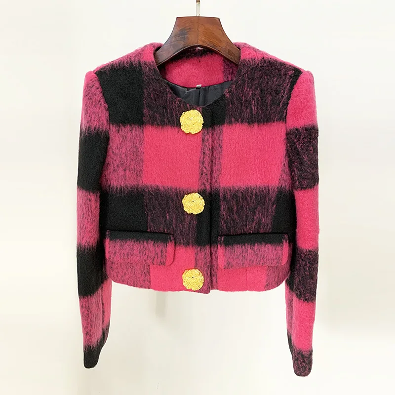 

Spot Goods2024New European and American Fashion Irregular Daikin Button round Neck Plaid Woolen Short Coat Jacket