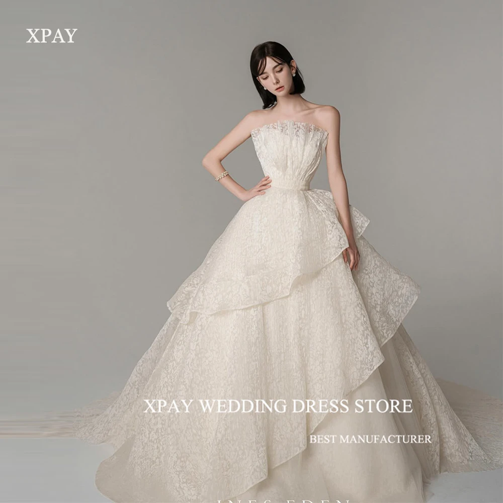 

XPAY Exquisite Korea A Line Wedding Dresses Tiered Ruffles Strapless Sweep Train Bridal Gowns Custom Made Mariage