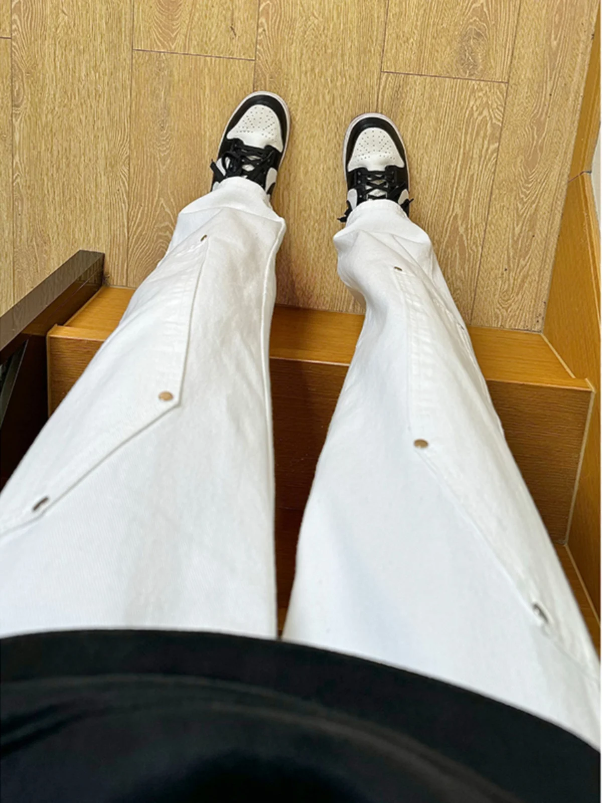 

White Straight Leg Men's Jeans Double Knee Logging Workwear Loose Fit Spring Autumn Faion Casual Wear Resistant Wear