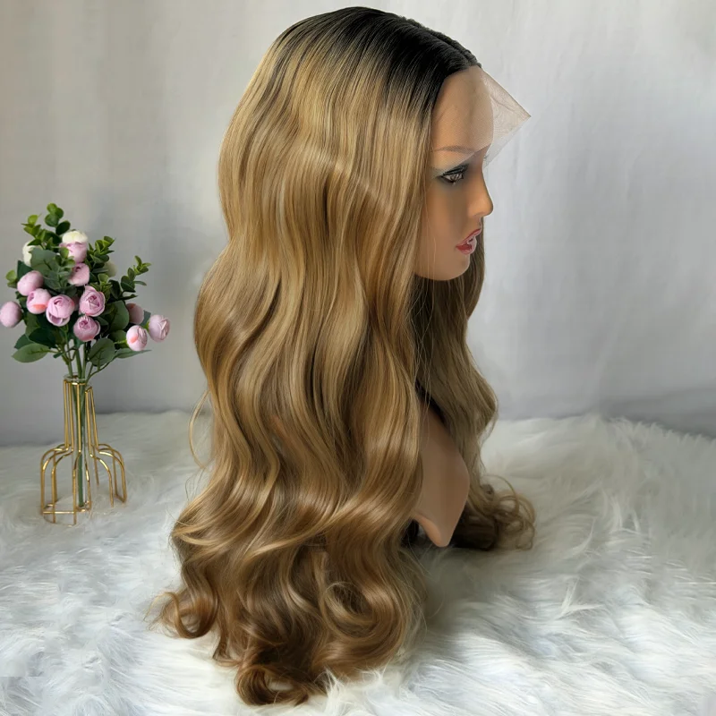 26 Inches Ombre Dark Caramel Brown Natural Hair Wig Full Roots Long Length Body Wave Heat Resistant Glueless Wigs Synthetic Hair