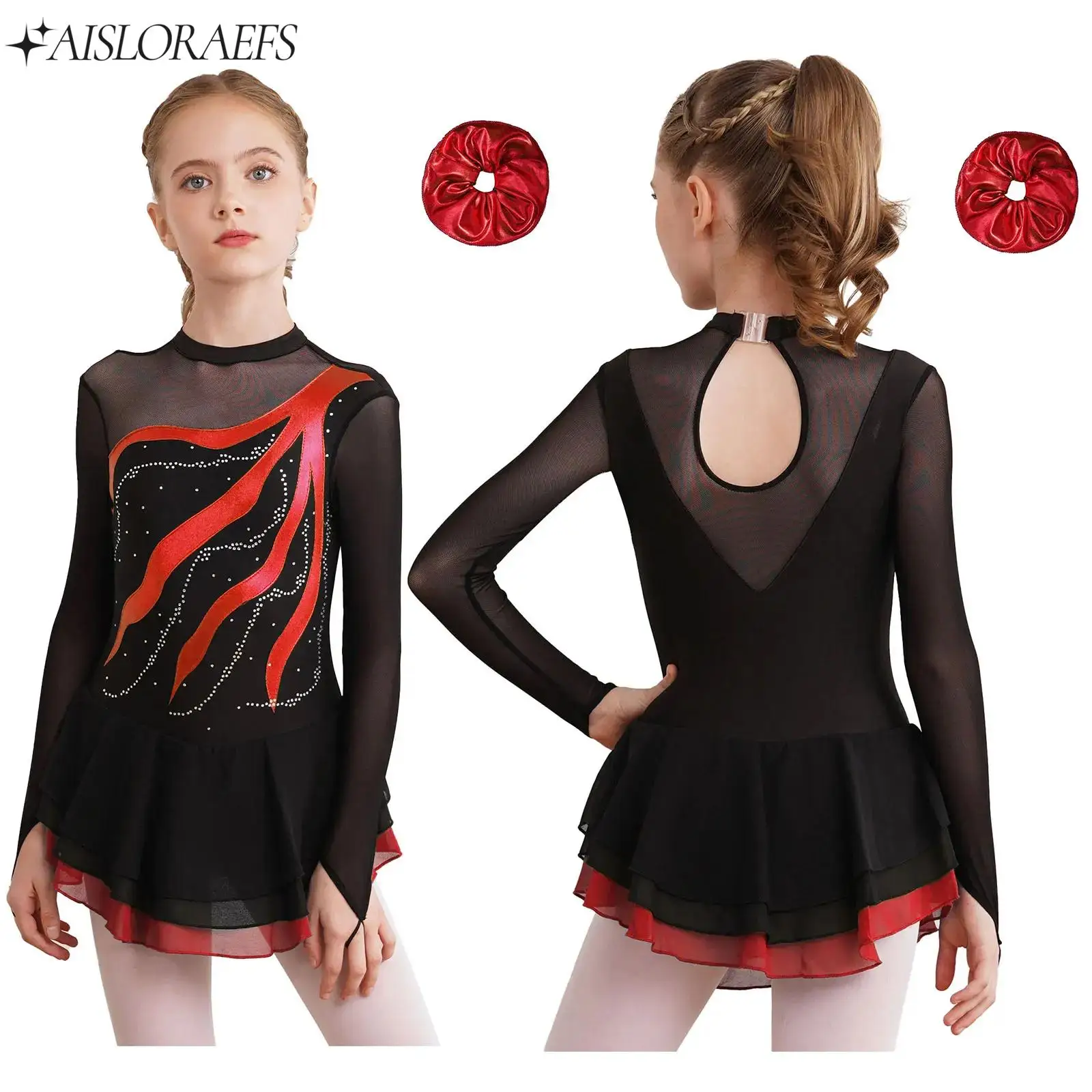 

Kids Girl Figure Skating Costume Set Ballet Lyrical Dance Performance Outfit Long Sleeve Rhinestone Hollow Back Dress+Hair Band