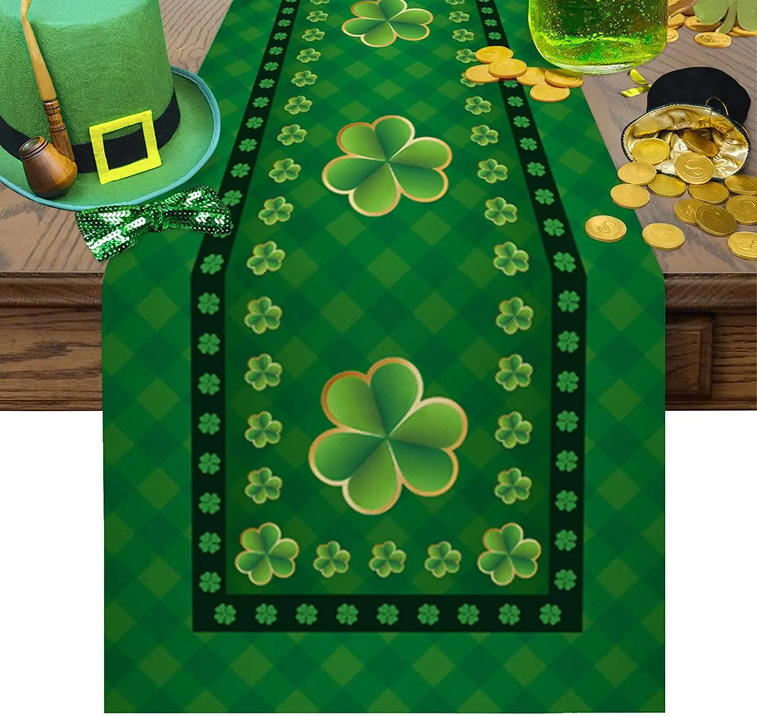 St.Patrick's Day Dining Tablecloth,Vintage Holiday Theme Gathering Party Table Decor Green Plaid Shamrock Table Runner