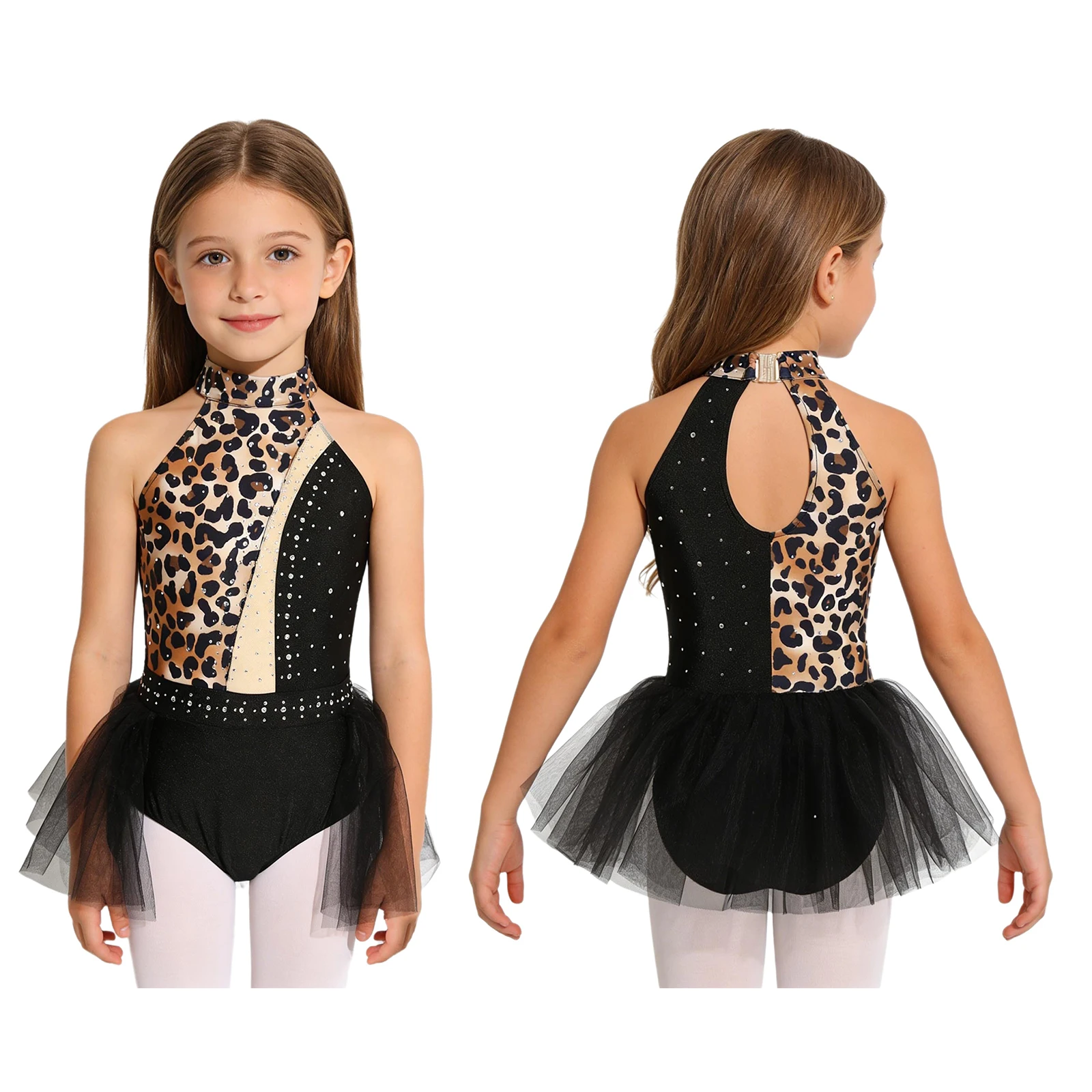 Kids Girls Caveman Ballet Dance Gymnastics Bodysuit Dress Leopard Rhinestones Mesh Leotard Cavegirl Primitive Tribe Costume