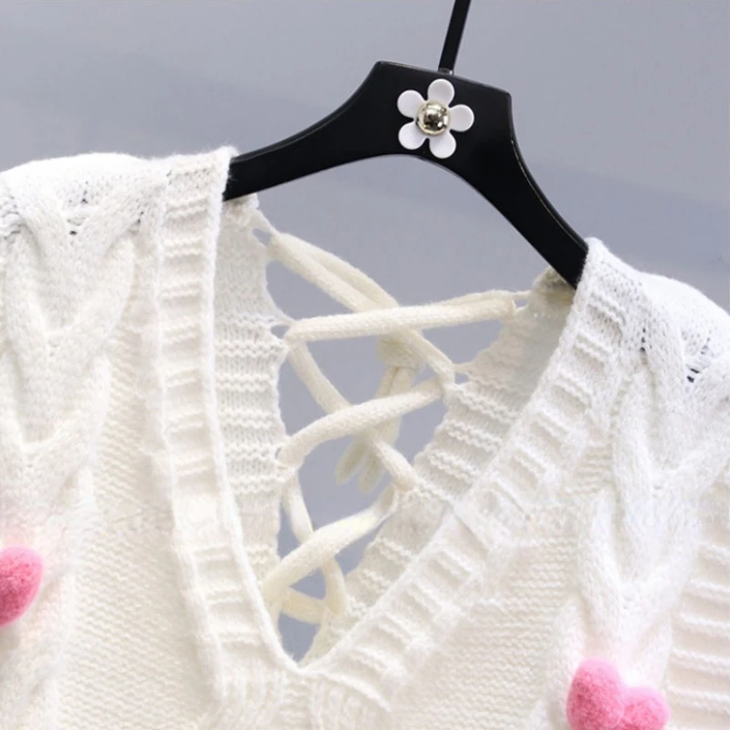 Fashion Sweet Sweater Vest Knit Tops V Neck Heart Patchwork Bandage Sleeveless Pullovers All Match Preppy Style Women Clothing