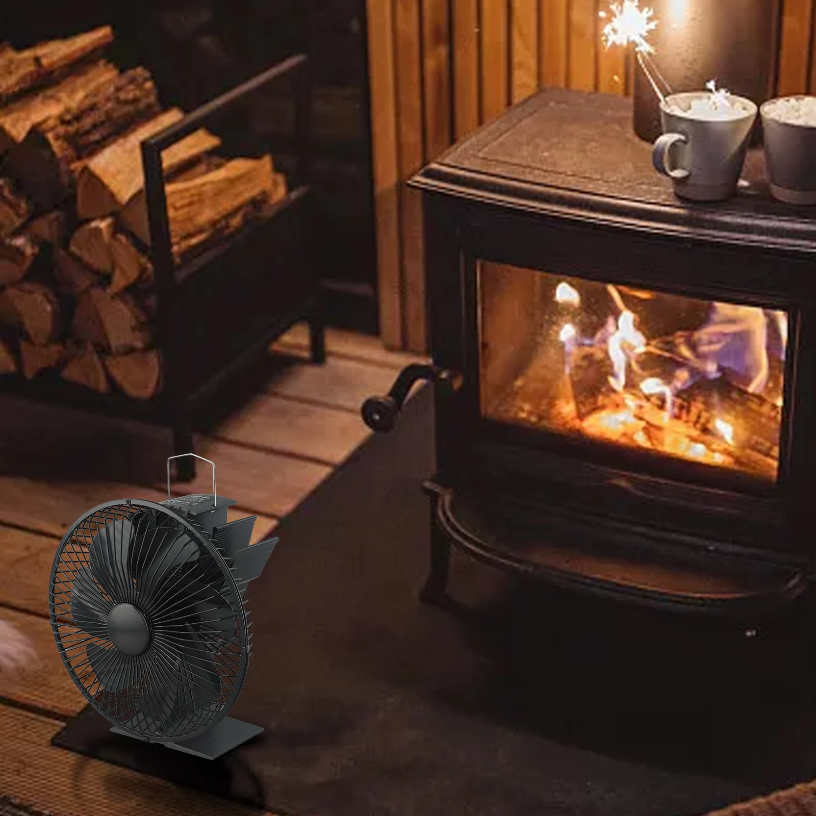 7 Blade Fan Fireplace Fan Efficient Heat Distribution High-Quality Material Protective Cover Rust Resistant Living Room